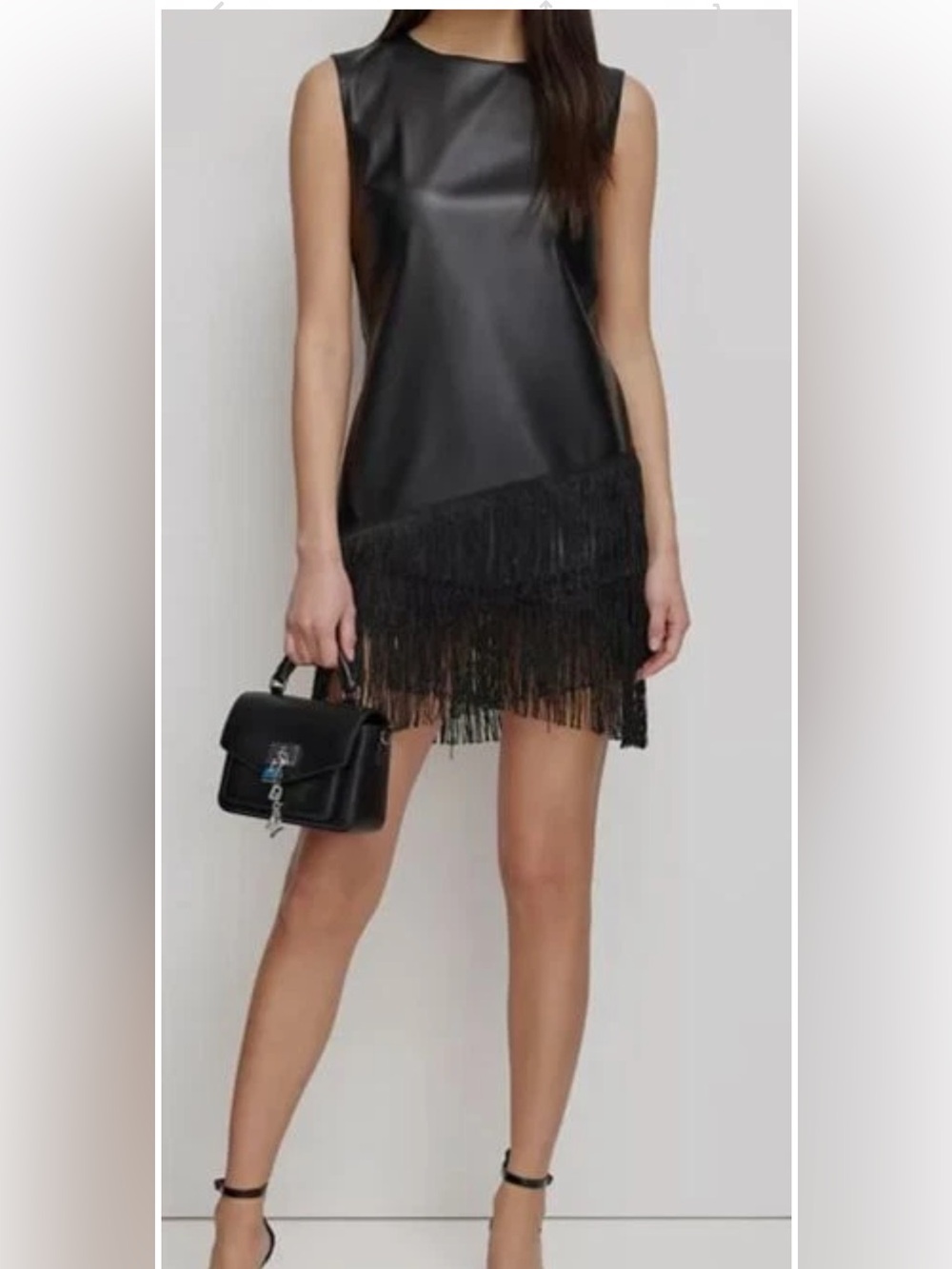 Dkny Black Asymmetrical Fringe Mini Dress